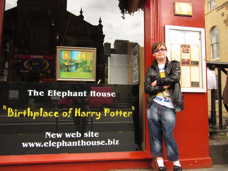 John, posing  outside  another  Harry  Potter  hanger - on.
