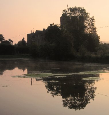 Tower  and  tree  reflected  in  lake.