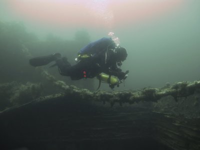 Claire following the anchor chain on the Saganaga