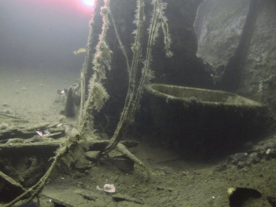 The Bridge section of the Saganaga has collapsed.. this is the remains of the Captain's washroom, his bathtub