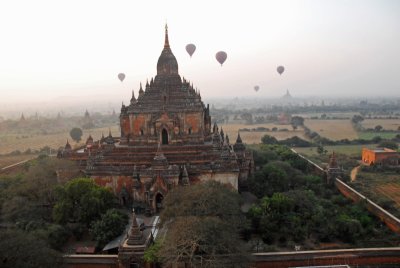 Bagan as seen from a hot air balloon; a fabulous way to visit this site.