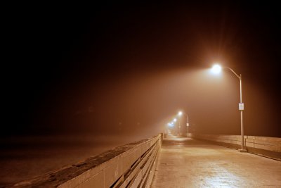 OB pier in fog