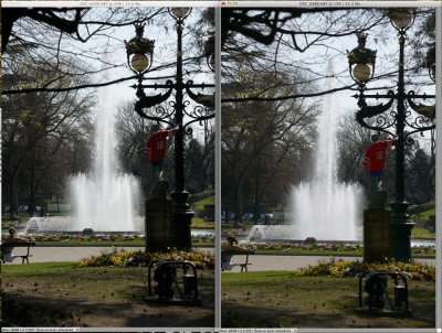 L'exposition est centrée sur les hautes lumières dans les deux cas (le jet d'eau). On peut noter une différence dans les basses lumières plus détaillées dans l'image du D800 à droite (JF à gauche, arbres dans le fond, objets dan l'ombre en général). mais plus surprenant le maillot rouge de la statue a repris sa couleur rouge vif alors qu'il est complètement éteint dans l'image du D700. C'est dans la saturation des couleurs à l'ombre que l'on note la plus grosse différence.
Bien entendu le D-Lighting était désactivé dans les deux appareils