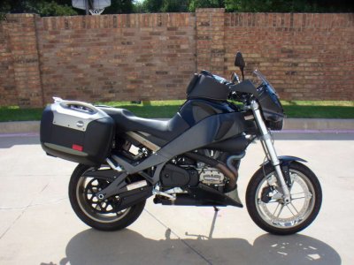 Ulysses at Harley, stock except front XT fender and Touratech luggage rack on back
