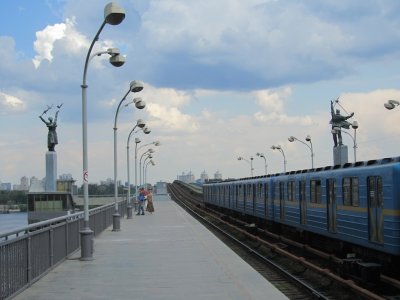 at the Dnipro metro station, waiting for a train to the upper city