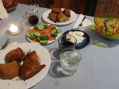 savory turnovers, salmon with cukes and olives, creamy feta, and salad
