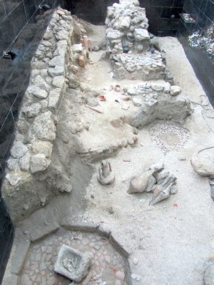 a glass case in the walkway protects remnants of a Greek settlement from the 4th-c. BC
