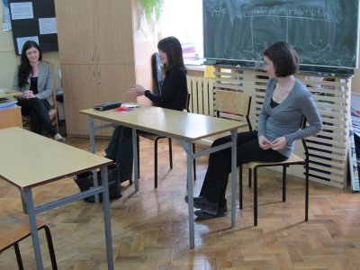 With English teacher Dominika Michalska, speaking with her students, assisted by Gina Kuhn of the Krakow Galicia Jewish Museum