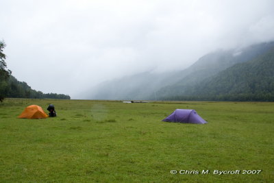 Campsite in rain - Arawhata Valley