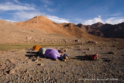 Tents up in Red Hills, barren landscape