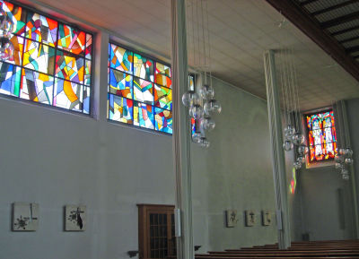 The church has these beautiful abstract stained glass windows.