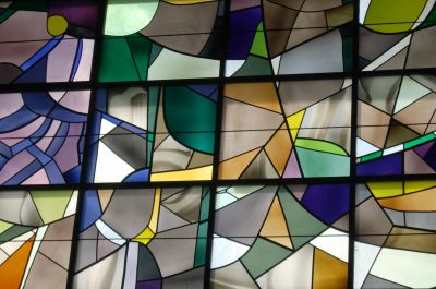 A close-up of the abstract glass on the southern side.
