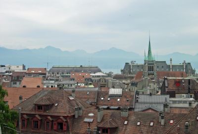 A view down towards the lake and the French Alps, from in front of the cathedral.