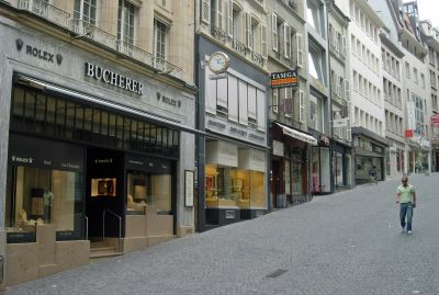 Rue Bourg, full of expensive jewelers and watch shops.