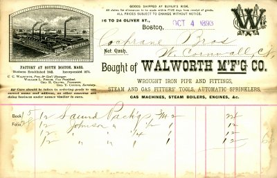Oct 4 1893 Walworth M'F'G Co Invoice