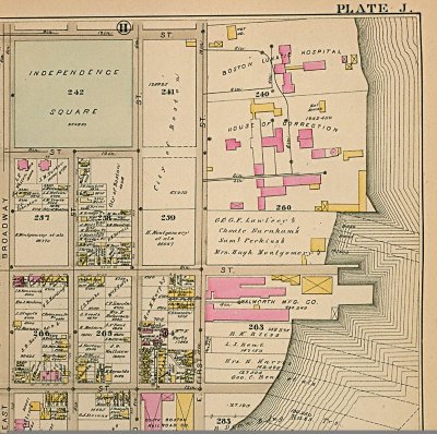 1884 Dickensian Boston - - Walworth MFG Co (pink)  - 1 block south of Boston Lunatic Hospital @ E. 1st & O St. South Boston