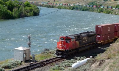CN waiting on the bank of the Thompson River in Ashcroft, BC