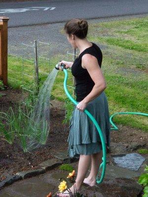 Watering the garden.