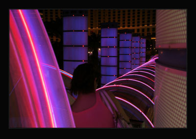 varying neon lighting of Ballys entrance,Las Vegas