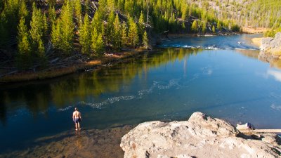 Hardy Swimmer About to Take Plunge Into Firehole River