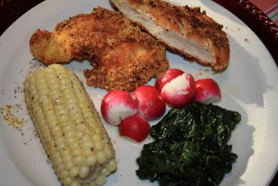 Crispy Chicken, Sweet Corn, Spinach, Radishes