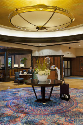 Central table and light fixture - main lobby