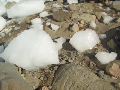 ice chunks from glacier sitting on dry ground.JPG