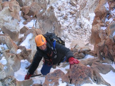 Simon exiting gully near summit.JPG