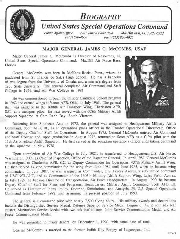 Bio Major Gen James C McCombs UASF