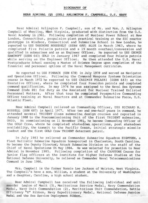 Bio Rear Adm Arlington F Campbell USN