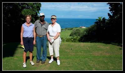 18th tee - Gill and Margaret with the master of the greens Stanley.