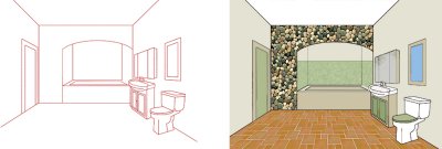 Bathroom layout, faux stone