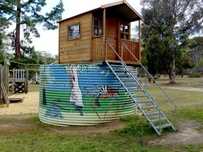 Painted water tank with play house