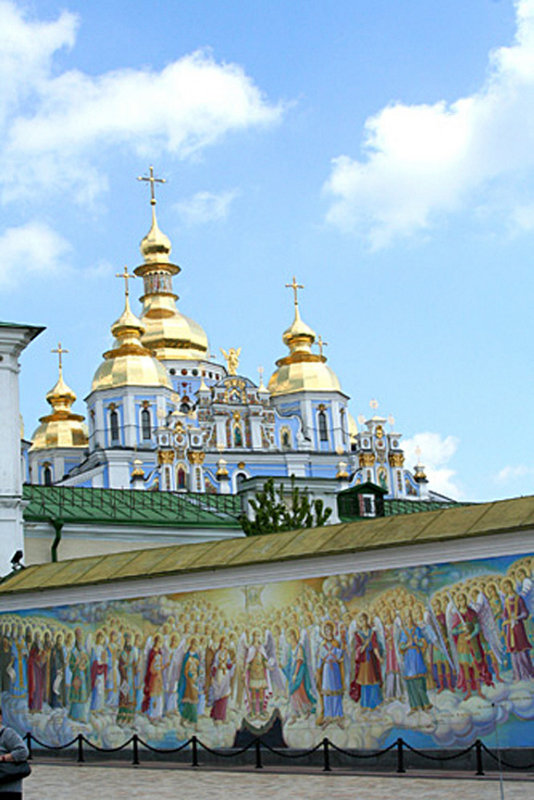 Religious mural seen before entering the grounds of St. Michaels Golden Domes Cathedral.