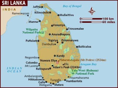 Map of Sri Lanka with the star indicating Nuwara Eliya.