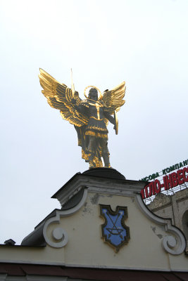 Close-up of the statue of Archangel Michael, the patron saint of Kiev.