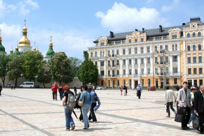 People strolling in Bogdan Khmelnitsky Square.