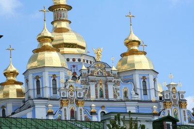Upper faade of St. Michaels Golden Domes Cathedral.