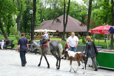 A little boy in the park riding a horse with a pony following.