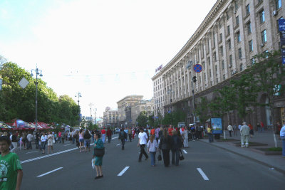 People walking down Khreshatik Avenue. It was closed to traffic for the Europe Day holiday.