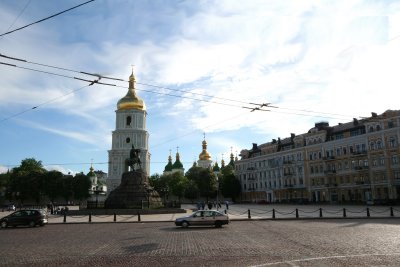 View of Bell tower of Saint Sophia Cathedral as seen in from Boghdan Khmelnitsky Square.
