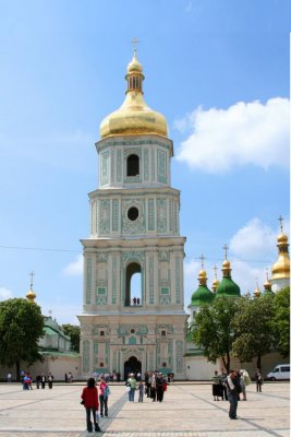 Frontal view of the bell tower of Saint Sophia Cathedral.