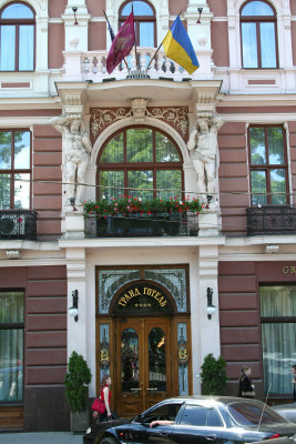 Close-up of the Grand Hotel in Lviv.