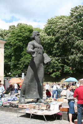 Flea market & Ivan Fedoriv statue. He printed the first book (Lviv's equivalent to Gutenberg).