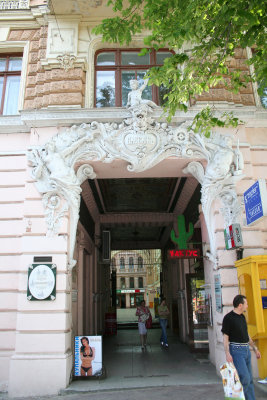 Ornate faade of indoor shopping complex.