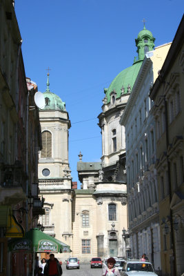 Old Town street with domes in the background.