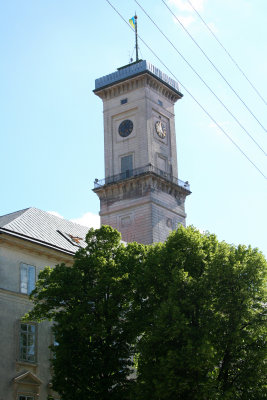 Close-up of the clock tower of the Town Hall.
