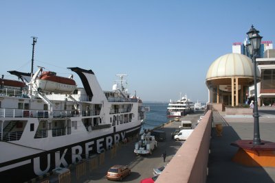 A British ferry boat (which was among many other ships) docked at the Odessa port.
