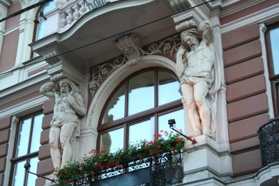View of a beautiful Lviv building with cariatides.