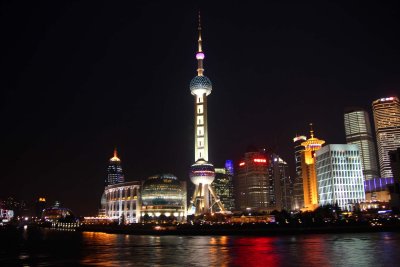 Closer view of the Oriental Pearl Tower.
